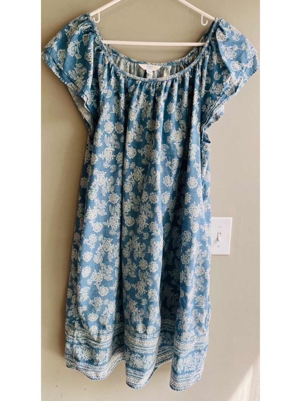 Boho Blue & White Floral Mini Dress Gathered Neck Flutter Sleeve XL